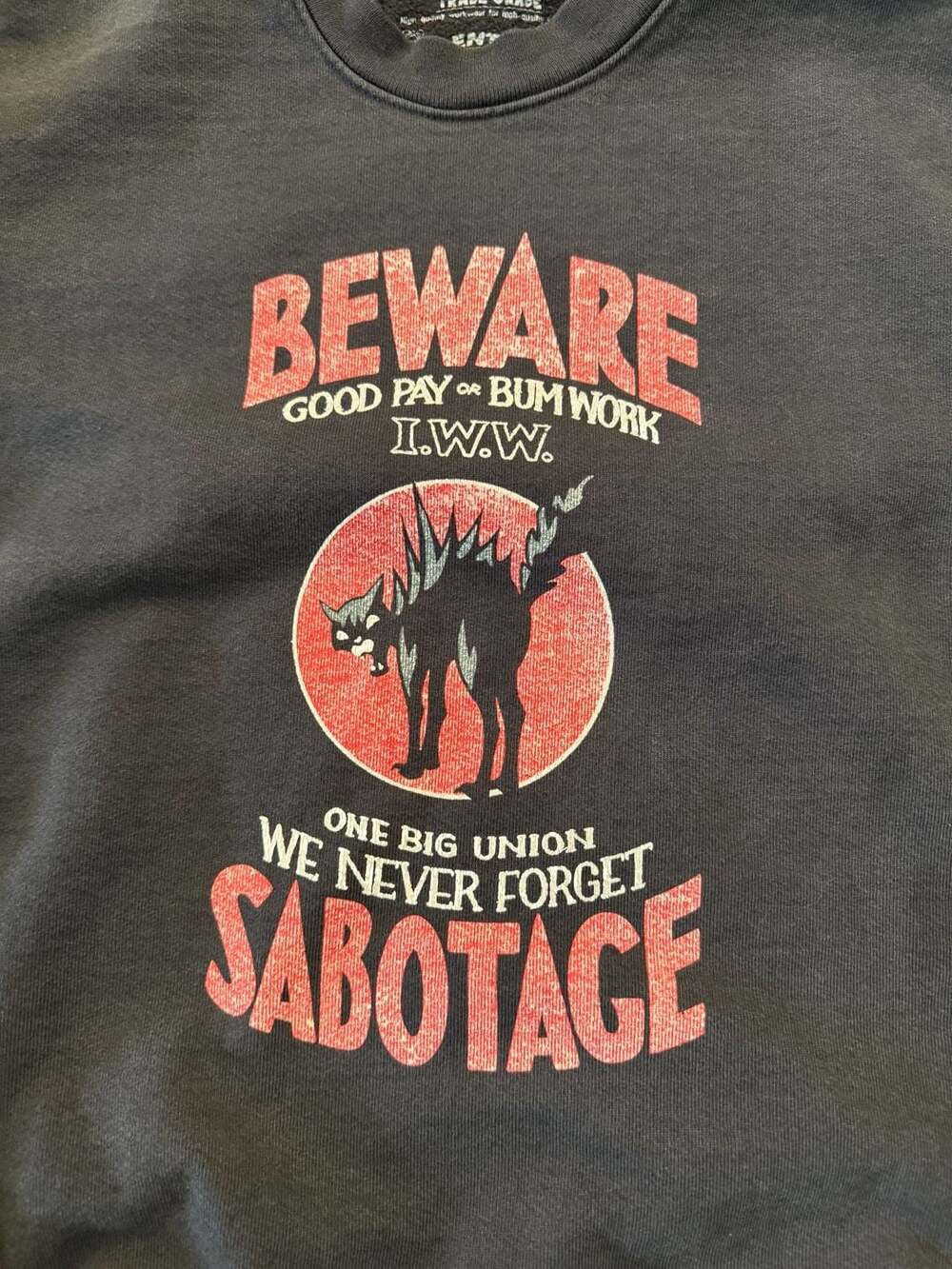 Trade Grade Entry Level I.W.W. Sabotage Graphic Sweatshirt Black Size M - Picture 2 of 5